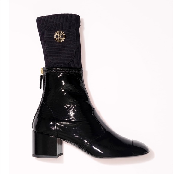 One of a kind patent lamb skin leather Chanel ankle boots with removable sock. - Picture 1 of 5